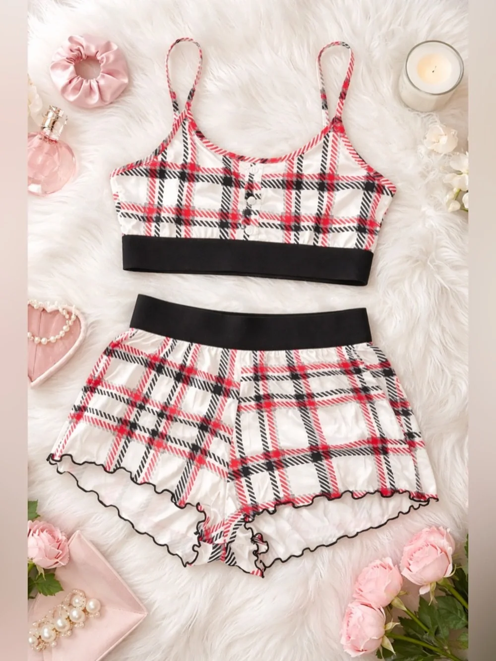 Plaid Lounge Set 2PC Crop Cami & Ruffle Shorts Size Small Y2K Cozy Cute